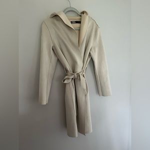 ZARA Faux Suede Hooded Jacket, Beige, Size Small